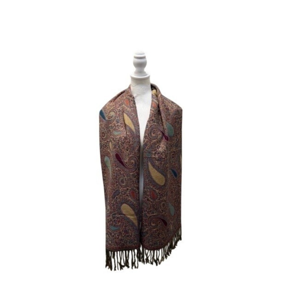 Luxury Pashmina Silk Blend Scarf Paisley Print Fringe Brown Blue Red Yellow